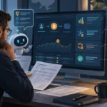 Фінансовий аналітик перевіряє курс, комісії та статус криптоплатежу після сигналу ШІ