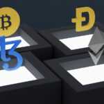 three blocks with bitcoins and arrows on them